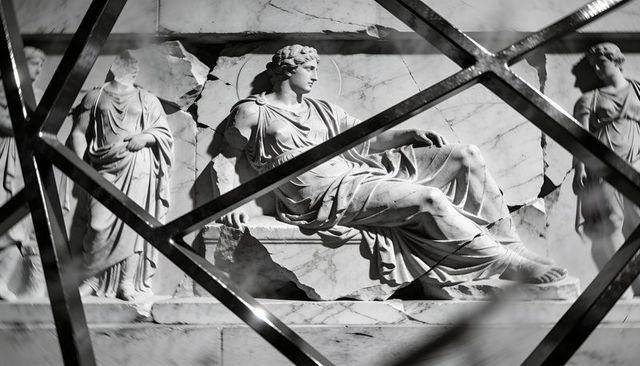Monochrome marble bas-relief reclining figure behind geometric metal lattice with glare