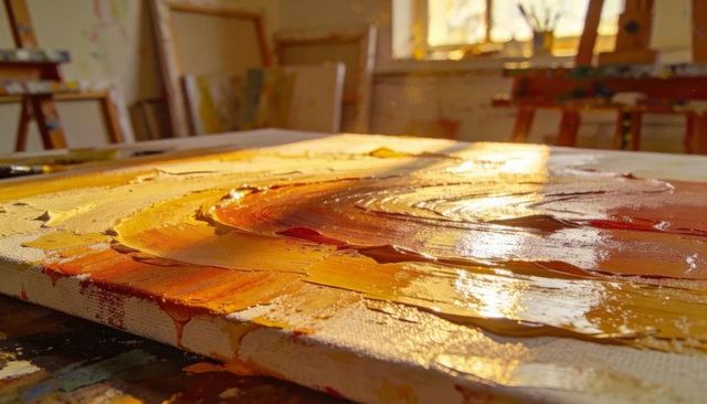 Sunlit impasto canvas catching warm light with glossy palette-knife texture