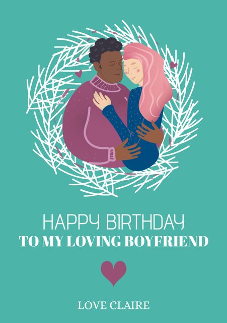 Ideal for sending personalized birthday greetings to a significant other. Shows diverse couple warmly embracing, making it perfect for expressing love and appreciation. Blue background and white wreath create a serene and heartfelt setting. Suitable for romantic occasions such as anniversaries or Valentine’s Day.