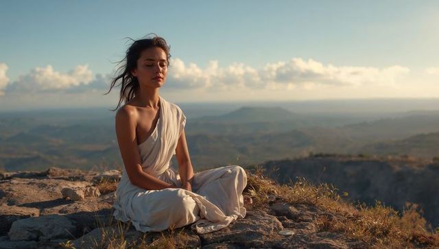 Young woman meditating on cliff at sunset wearing flowing white draped garment
