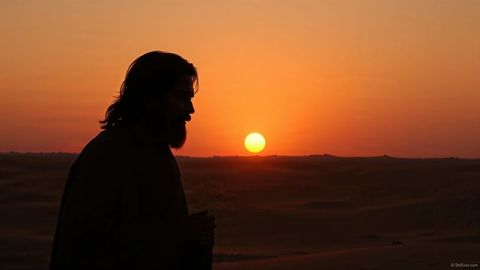 Silhouette of moses in robe facing serene desert sunset