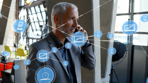 Businessman Talking on Smartphone with Digital Interface Overlay