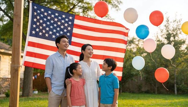 Smiling family celebrating patriotic backyard party with american flag and festive balloons