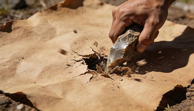 Right hand striking flint rock creating hole in brown paper with flying debris outdoors