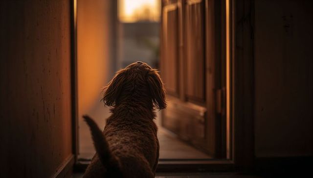 Curly brown dog watching sunlit open doorway during golden hour home interior mood