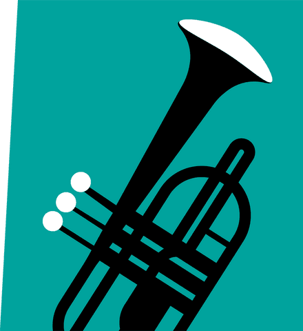 Flat design trumpet silhouette with teal background transparent canvas