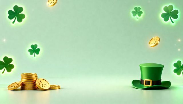 St. Patrick's day stacked gold coins with leprechaun hat, glowing shamrocks and falling coins