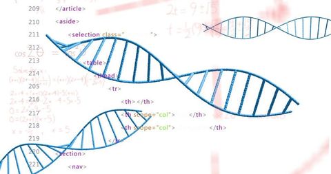 Dna helices intertwined with code and equations in biotech art