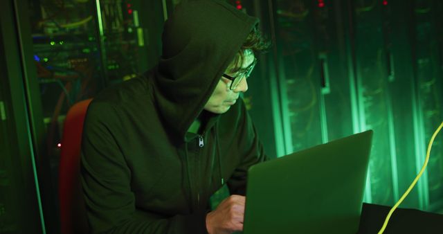 Individual in hooded sweatshirt using laptop in well-equipped data center. Green lighting creates intense atmosphere suitable for topics related to hacking, cybersecurity threats, data breaches, and professional IT services. Ideal for articles, blogs, or media focused on contemporary cybersecurity challenges and solutions.
