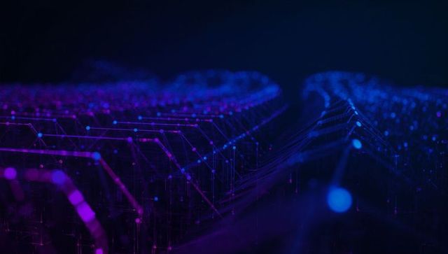 Futuristic Neon Wireframe with Glowing Nodes and Grid in Dark Void