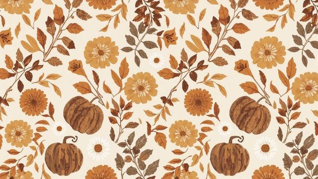 Autumn botanical pattern with pumpkins and flowers for wrapping design