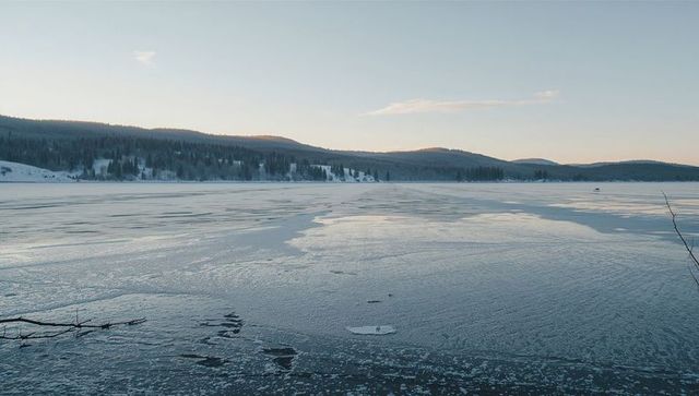 Glacial lake showing cracked ice, open water patches and pine-covered hills at dawn