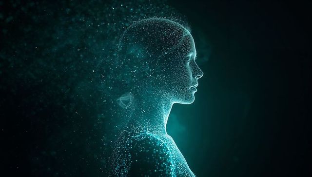Teal particle hologram human profile in dark digital void for ai technology