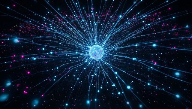 Radiating neural orb emitting cyan magenta filaments for futuristic data network viz