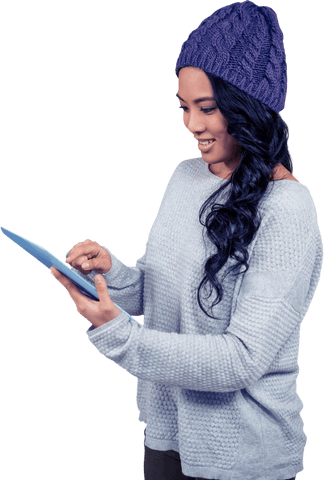 asian woman engaging with tablet using hand touching screen wearing warm sweater - Download Free Stock Videos Pikwizard.com