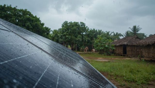 Solar panels glistening in tropical rain beside thatched village huts and grazing cattle