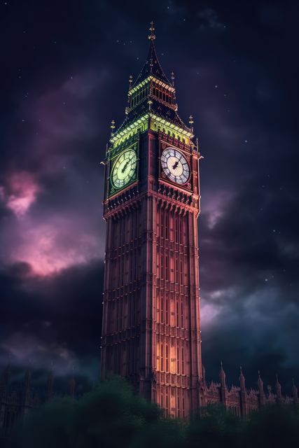 Big Ben illuminated against an evening sky in London, showcasing stunning architecture. Perfect for travel blogs, tourism promotion, and educational content. Can be used to highlight historical landmarks and cultural heritage of London.