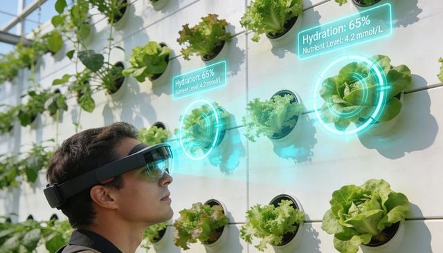 Ar headset scanning vertical hydroponic lettuce for hydration and nutrient monitoring