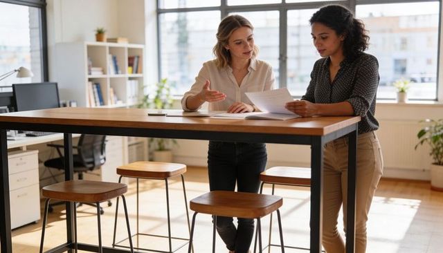 Two women collaborating at tall wooden table in modern sunlit office reviewing documents