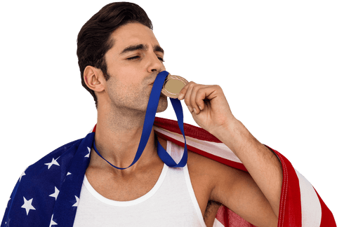Transparent American Athlete Kissing Gold Medal Proudly