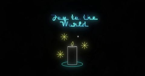 Neon Joy to the World Text and Candle on Black Background