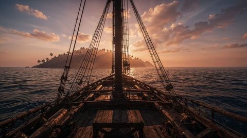 Sailing pirate ship voyage at sunset with island horizon