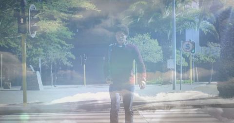 Young Businessman Walking Intersection With Cloud Overlay