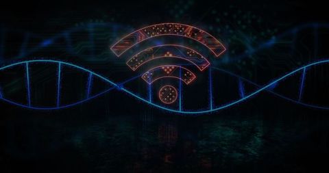 Neon wi-fi symbol and dna helix combining technology and biology