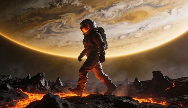 Walking astronaut crossing volcanic lava plain under glowing gas giant with mirrored visor