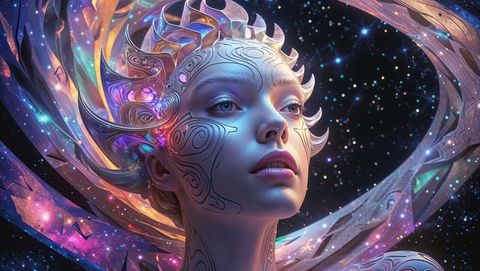 Ethereal cybernetic venus in cosmic dreamscape