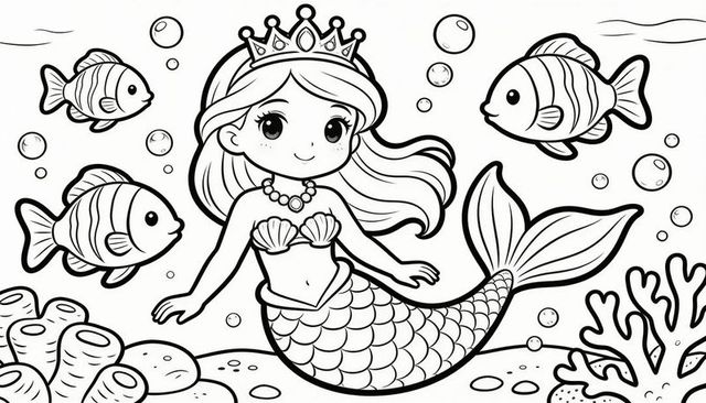 Mermaid princess swimming with crown and pearls, shell top and scaled tail — cute lineart