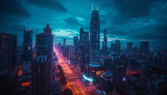 Futuristic Cityscape Glowing in Neon Dusk with Luminescent Skyscrapers