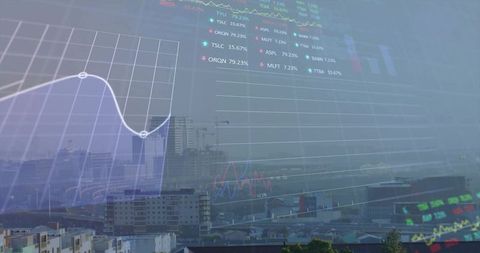 Transparent Stock Market Charts Over Urban Skyline with Cranes
