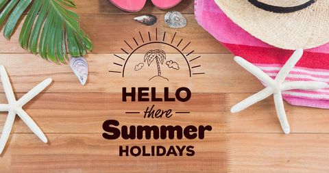 Summer Holiday Greetings with Beach Accessories on Wooden Table