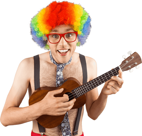 transparent hipster in rainbow wig playing ukulele intently - Download Free Stock Videos Pikwizard.com