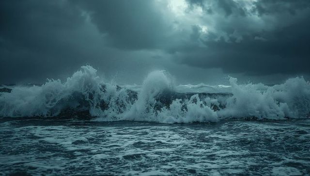 Stormy ocean waves crashing with white foam under dark overcast sky, moody seascape