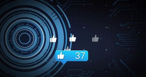 Displaying thumbs-up notification bubble in futuristic hud with neon circuit grid