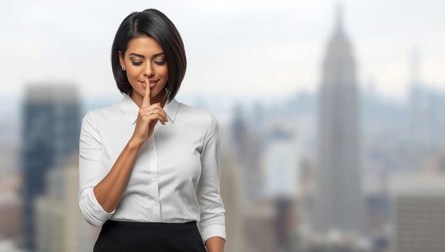 Professional Indian Businesswoman Shushing in Office Setting with City Skyline