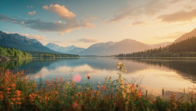 Serene Lake Reflecting Snow-Capped Peaks and Colorful Wildflowers
