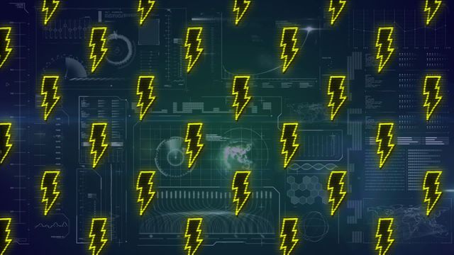 Animated icons of yellow lightning bolts overlay intricate digital data processing elements on a dark background, suggesting themes of high energy, technology, and innovation. Suitable for use in tech presentations, digital ads, cyber security themes, and AI-related content.