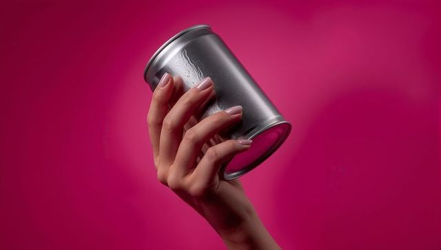 Manicured Hand Holding Metallic Can with Pink Backdrop