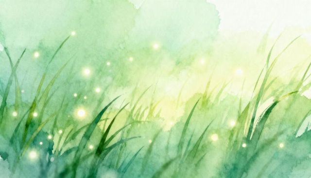 Ethereal watercolor meadow with glowing orbs and misty green grass
