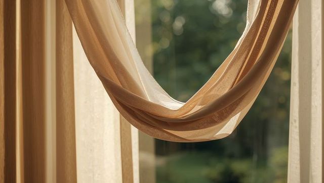 Sunlit Beige Sheer Curtain Draping in Soft Loop by Window with Warm Garden Bokeh Cozy