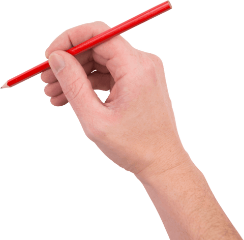 Transparent hand with red pencil writing against white background