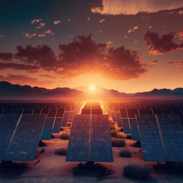 Solar panels with sun setting, created using generative ai technology. Wind energy, solar energy, sustainability, environment and climate change concept digitally generated image.
