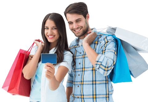 Smiling Couple with Shopping Bags Sharing Retail Excitement on Transparent Background