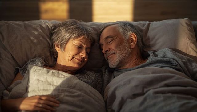 Senior Couple Relaxing in Bed with Morning Sunlight