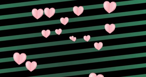 Pink Hearts on Green Striped Black Background Representing Love