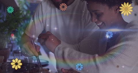 Romantic Diverse Couple Cooking Together in Kitchen