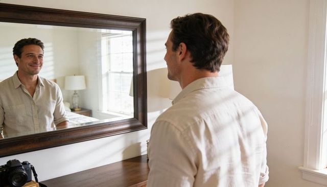 Smiling man checking reflection at bedroom dresser with dslr camera and soft morning light